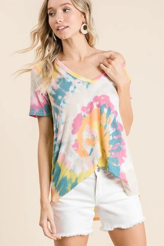BiBi Circular Tie Dye Print V Neck Top - YELLOW ORANGE by Trendsi from FREYA’S CLOSET