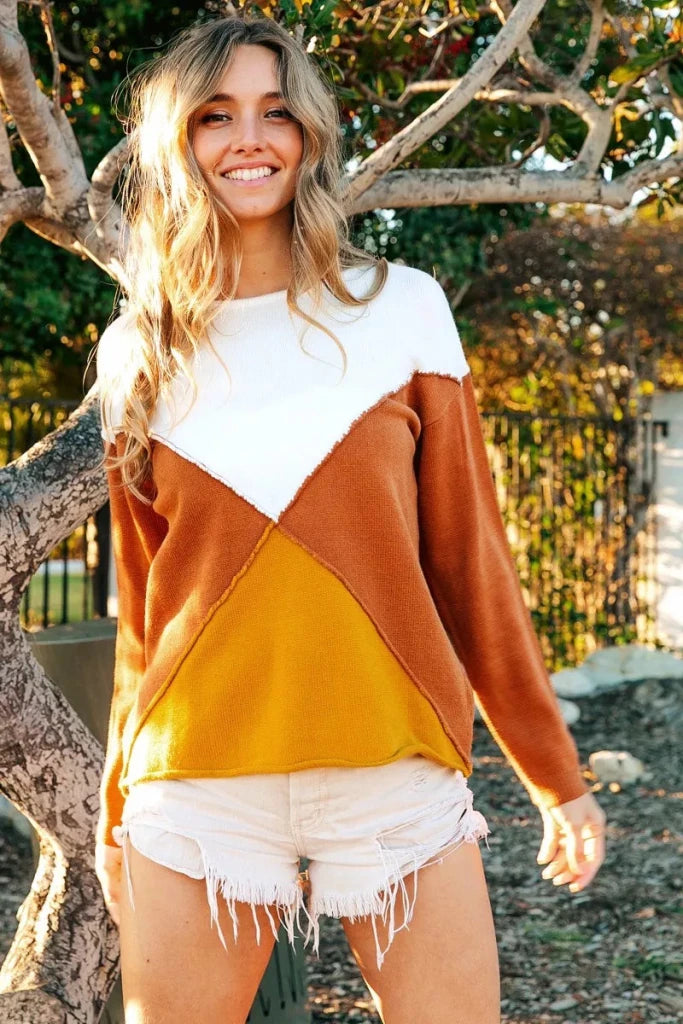 BiBi Color Block Geometric Sweater - RUST/MUSTARD by Trendsi from FREYA’S CLOSET