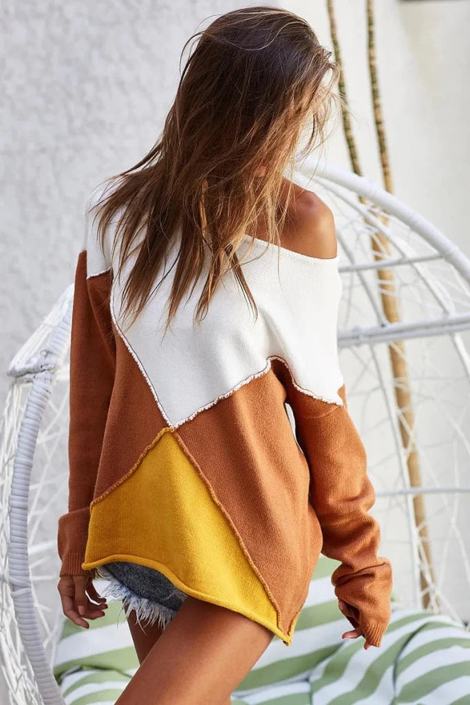 BiBi Color Block Geometric Sweater - RUST/MUSTARD by Trendsi from FREYA’S CLOSET