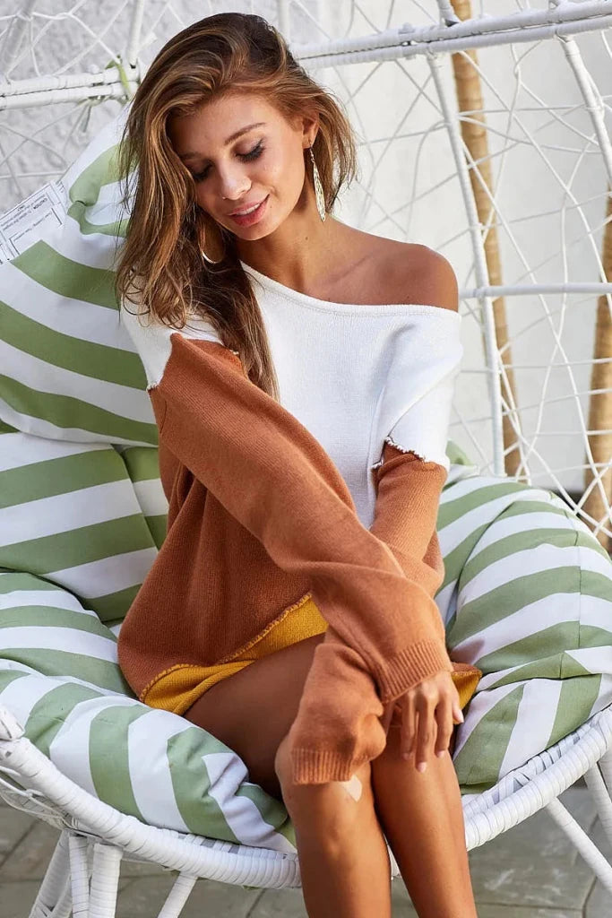 BiBi Color Block Geometric Sweater - RUST/MUSTARD by Trendsi from FREYA’S CLOSET