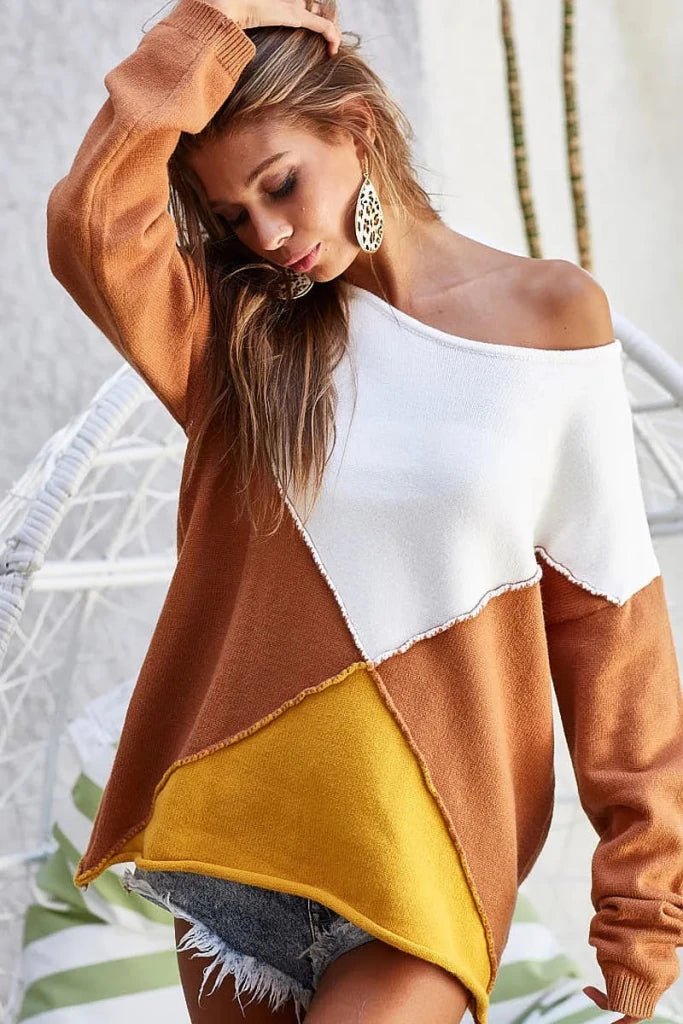 BiBi Color Block Geometric Sweater - RUST/MUSTARD by Trendsi from FREYA’S CLOSET