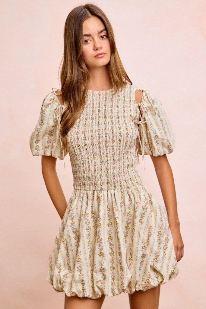 BiBi Floral Bow Tie Attachable Puff Sleeves Dress - IVORY by Trendsi from FREYA’S CLOSET