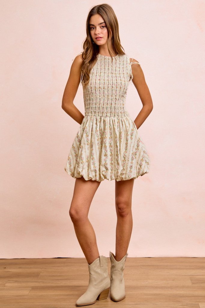 BiBi Floral Bow Tie Attachable Puff Sleeves Dress - IVORY by Trendsi from FREYA’S CLOSET