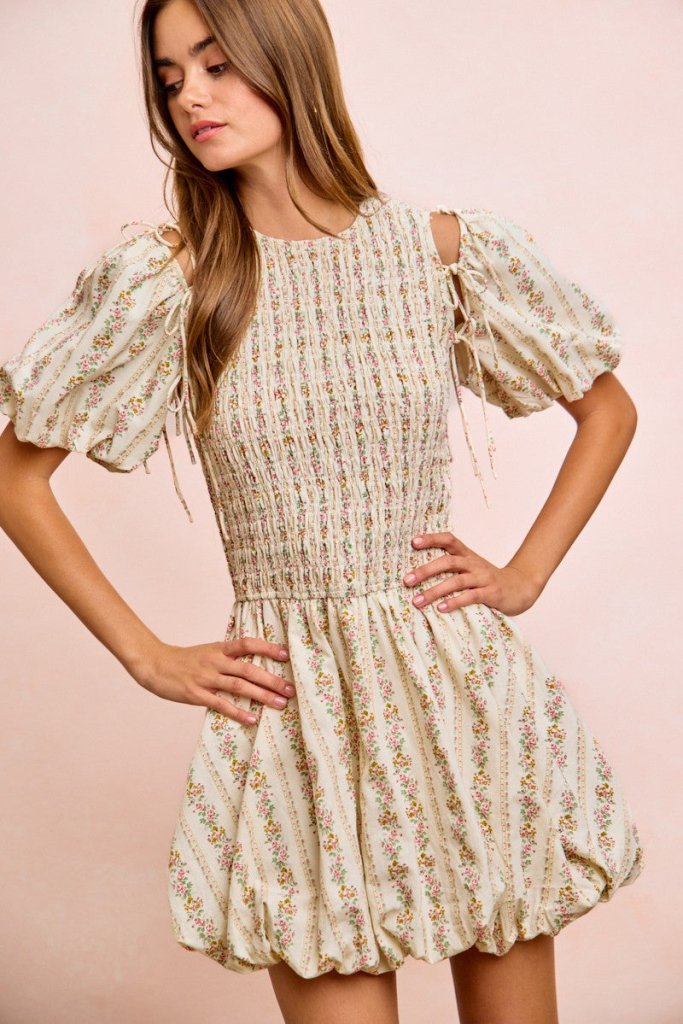 BiBi Floral Bow Tie Attachable Puff Sleeves Dress - IVORY by Trendsi from FREYA’S CLOSET