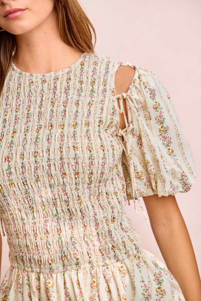 BiBi Floral Bow Tie Attachable Puff Sleeves Dress - IVORY by Trendsi from FREYA’S CLOSET