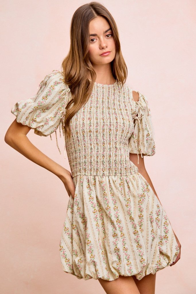 BiBi Floral Bow Tie Attachable Puff Sleeves Dress - IVORY by Trendsi from FREYA’S CLOSET