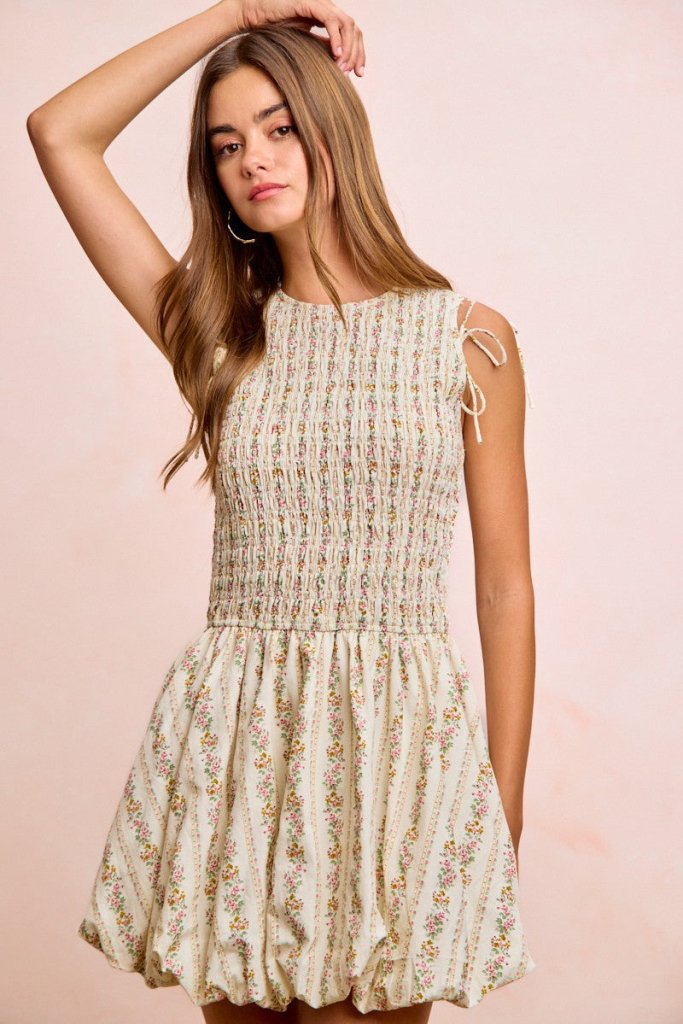 BiBi Floral Bow Tie Attachable Puff Sleeves Dress - IVORY by Trendsi from FREYA’S CLOSET