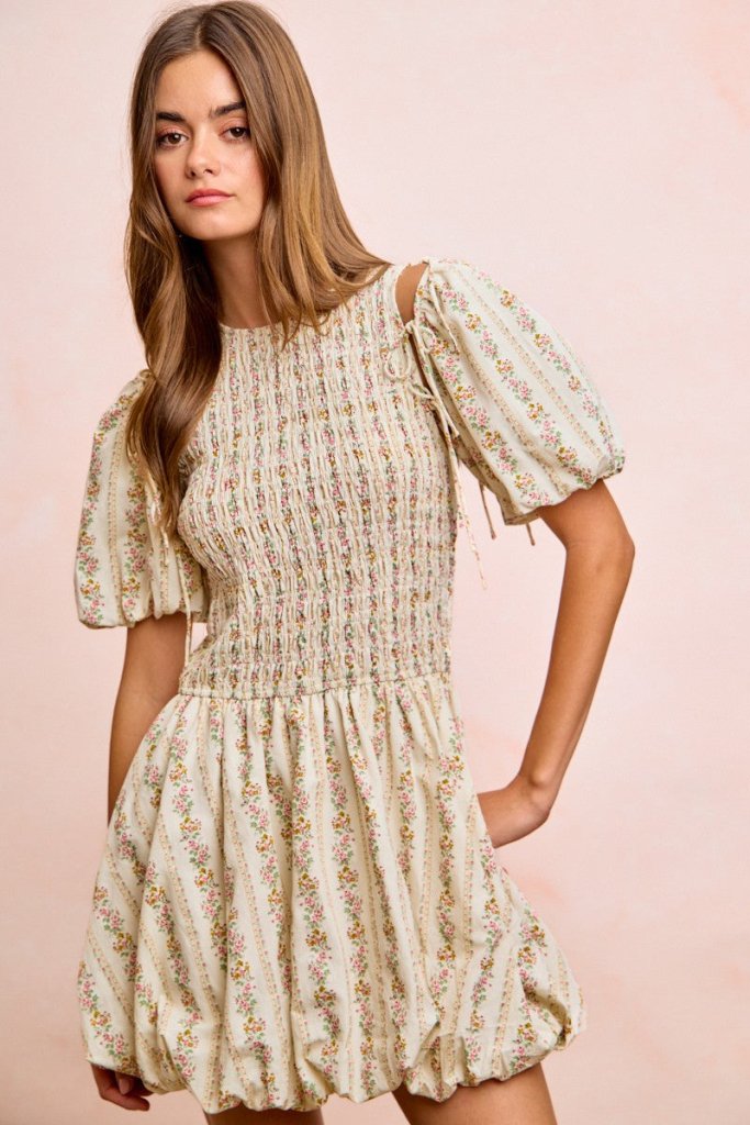 BiBi Floral Bow Tie Attachable Puff Sleeves Dress - IVORY by Trendsi from FREYA’S CLOSET