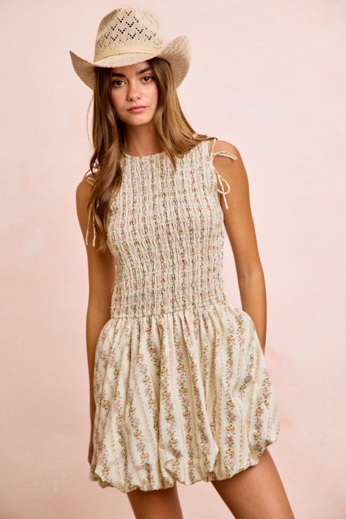 BiBi Floral Bow Tie Attachable Puff Sleeves Dress - IVORY by Trendsi from FREYA’S CLOSET