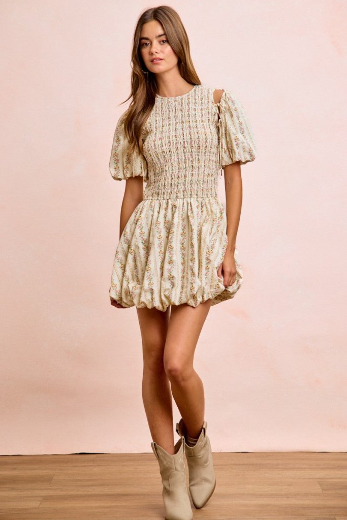 BiBi Floral Bow Tie Attachable Puff Sleeves Dress - IVORY by Trendsi from FREYA’S CLOSET