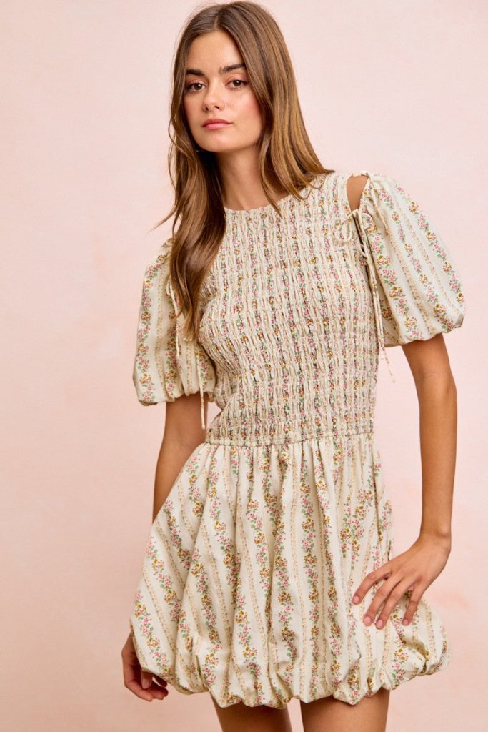 BiBi Floral Bow Tie Attachable Puff Sleeves Dress - IVORY by Trendsi from FREYA’S CLOSET