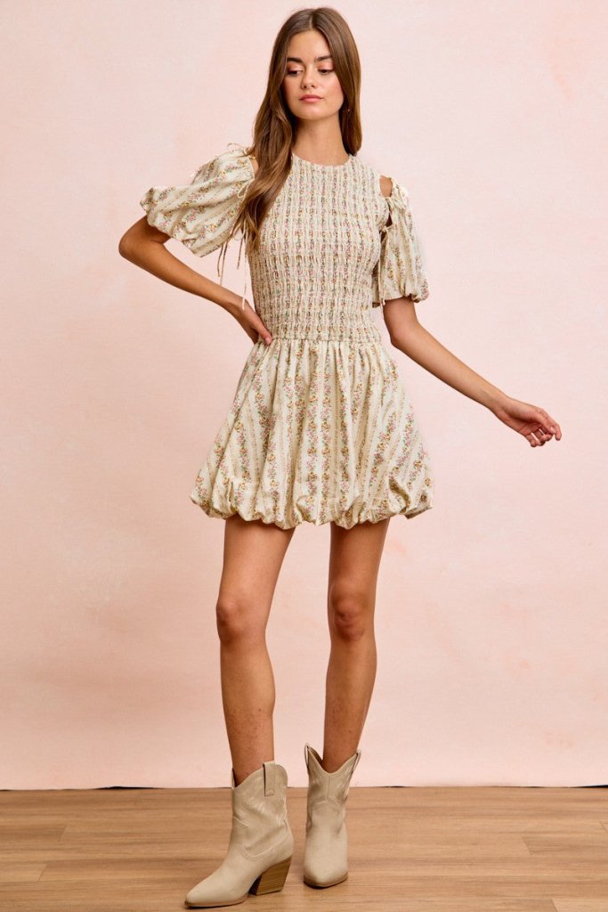 BiBi Floral Bow Tie Attachable Puff Sleeves Dress - IVORY by Trendsi from FREYA’S CLOSET