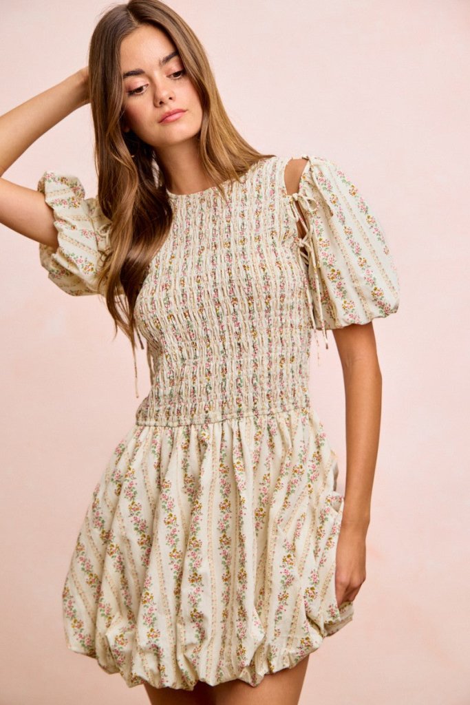 BiBi Floral Bow Tie Attachable Puff Sleeves Dress - IVORY by Trendsi from FREYA’S CLOSET