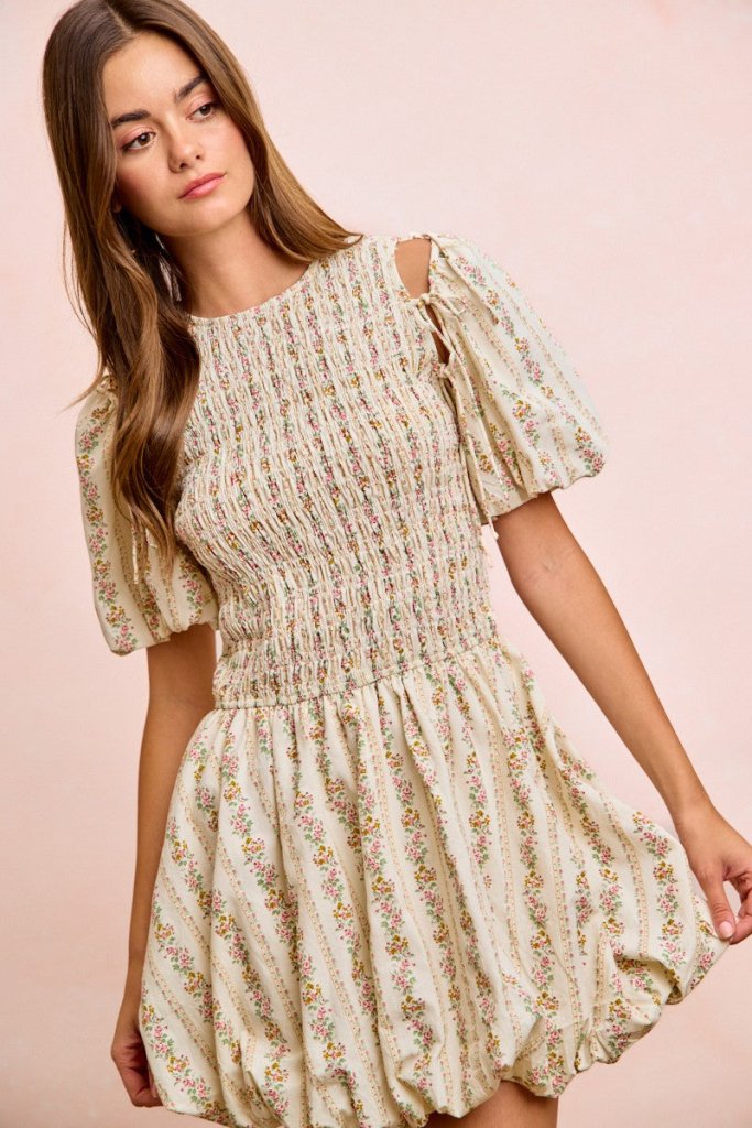 BiBi Floral Bow Tie Attachable Puff Sleeves Dress - IVORY by Trendsi from FREYA’S CLOSET