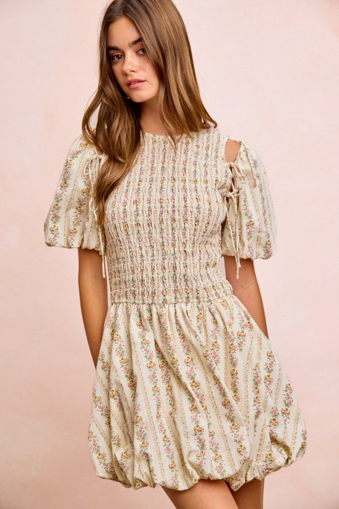 BiBi Floral Bow Tie Attachable Puff Sleeves Dress - IVORY by Trendsi from FREYA’S CLOSET