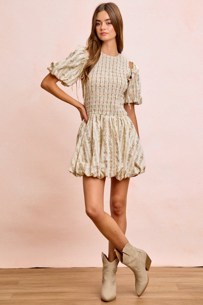 BiBi Floral Bow Tie Attachable Puff Sleeves Dress - IVORY by Trendsi from FREYA’S CLOSET