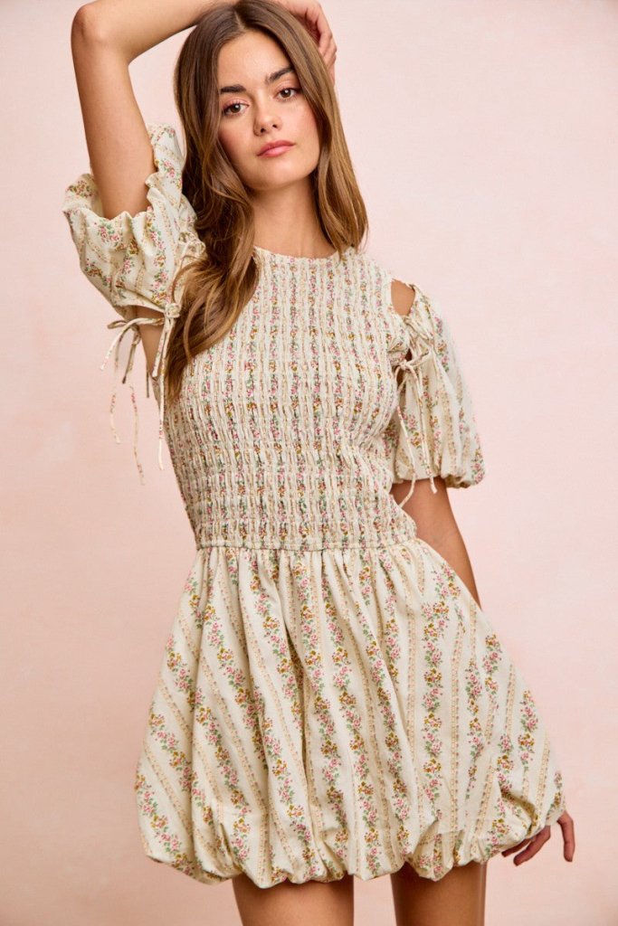 BiBi Floral Bow Tie Attachable Puff Sleeves Dress - IVORY by Trendsi from FREYA’S CLOSET