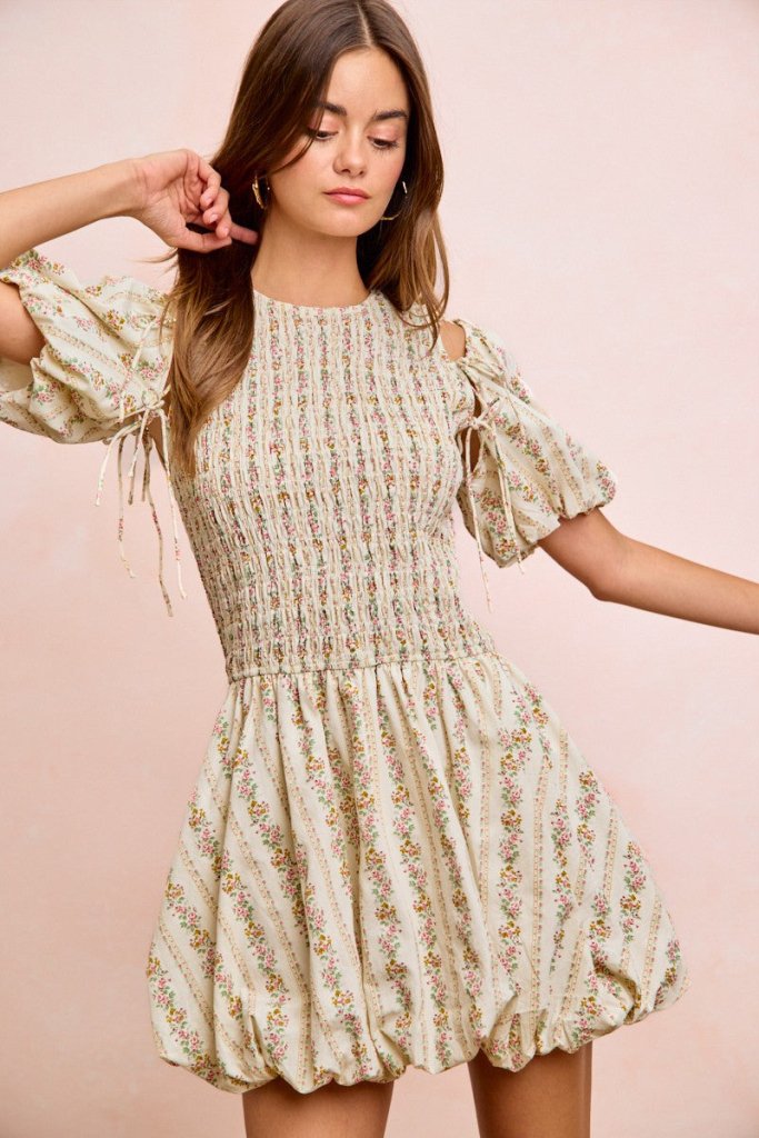 BiBi Floral Bow Tie Attachable Puff Sleeves Dress - IVORY by Trendsi from FREYA’S CLOSET