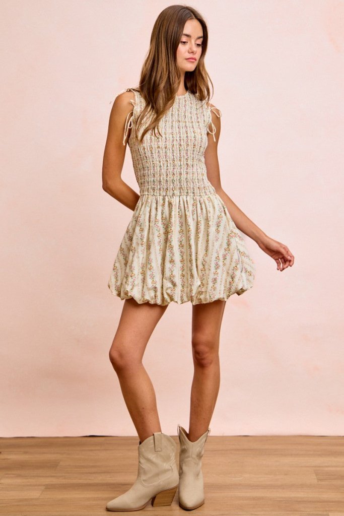 BiBi Floral Bow Tie Attachable Puff Sleeves Dress - IVORY by Trendsi from FREYA’S CLOSET