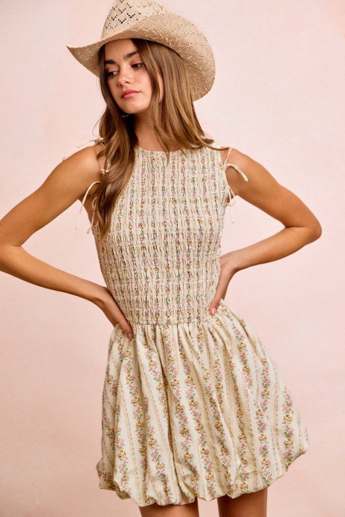 BiBi Floral Bow Tie Attachable Puff Sleeves Dress - IVORY by Trendsi from FREYA’S CLOSET