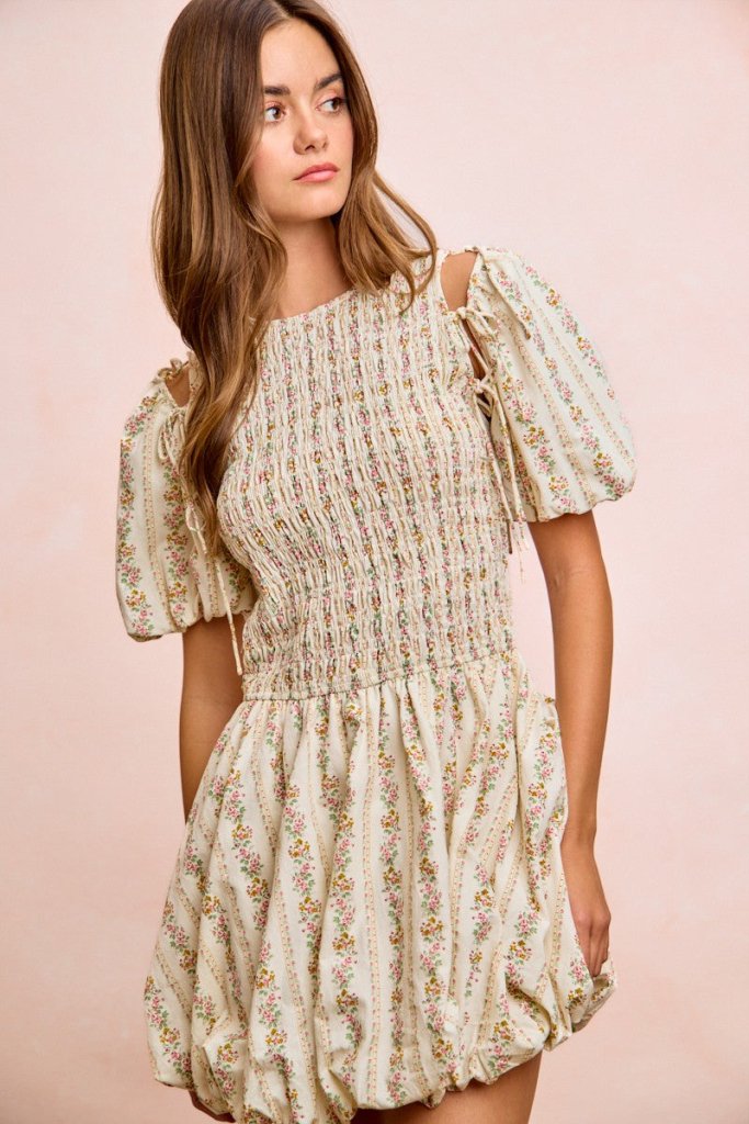 BiBi Floral Bow Tie Attachable Puff Sleeves Dress - IVORY by Trendsi from FREYA’S CLOSET