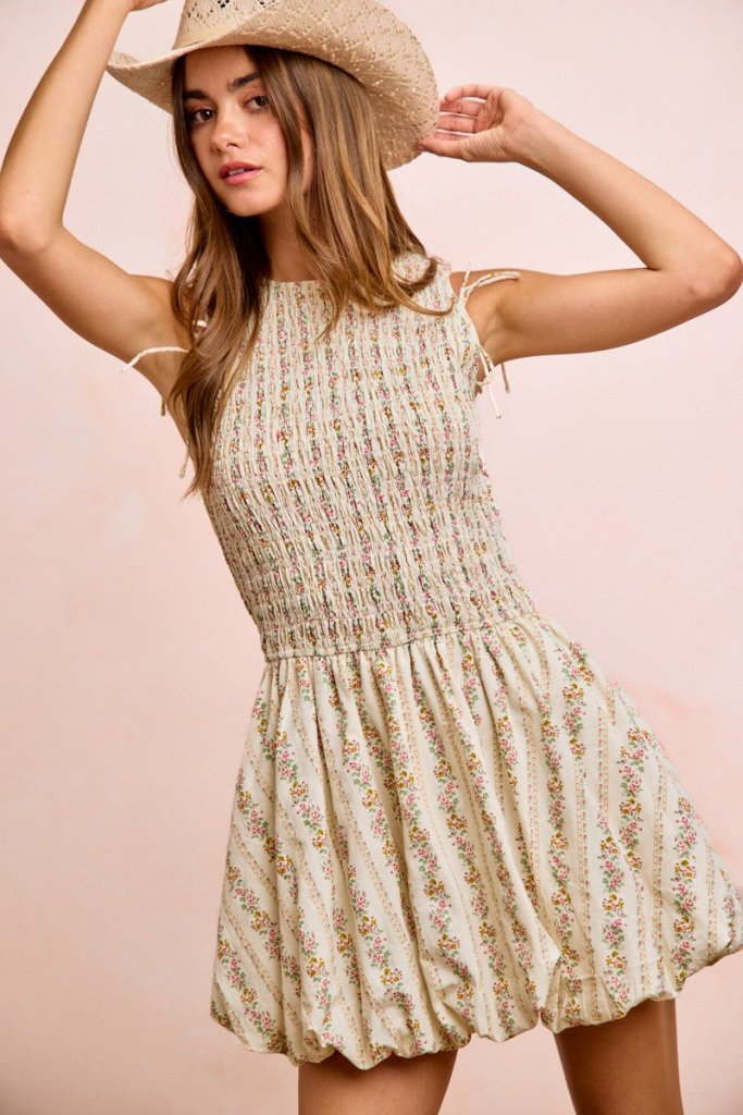 BiBi Floral Bow Tie Attachable Puff Sleeves Dress - IVORY by Trendsi from FREYA’S CLOSET