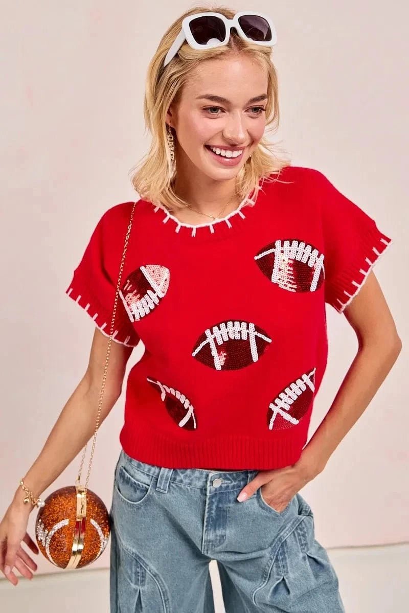 BiBi Gameday Sequin Football Embroidered Stitch Sweater - RED/RED/WHITE by Trendsi from FREYA’S CLOSET