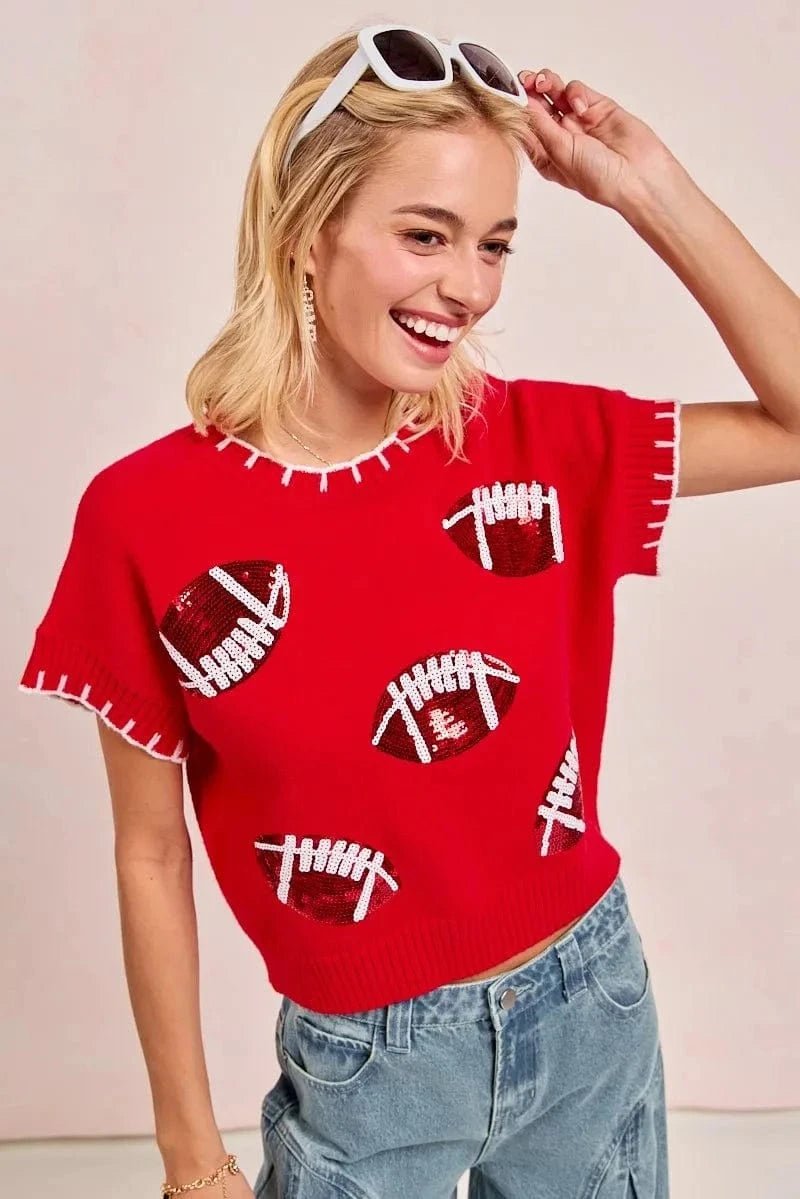 BiBi Gameday Sequin Football Embroidered Stitch Sweater - RED/RED/WHITE by Trendsi from FREYA’S CLOSET