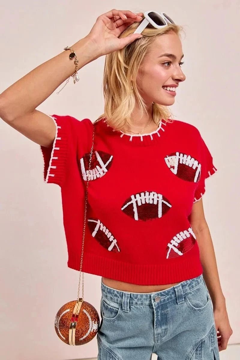 BiBi Gameday Sequin Football Embroidered Stitch Sweater - RED/RED/WHITE by Trendsi from FREYA’S CLOSET