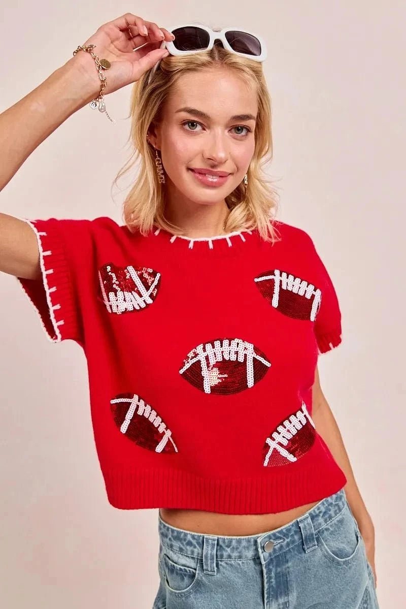 BiBi Gameday Sequin Football Embroidered Stitch Sweater - RED/RED/WHITE by Trendsi from FREYA’S CLOSET