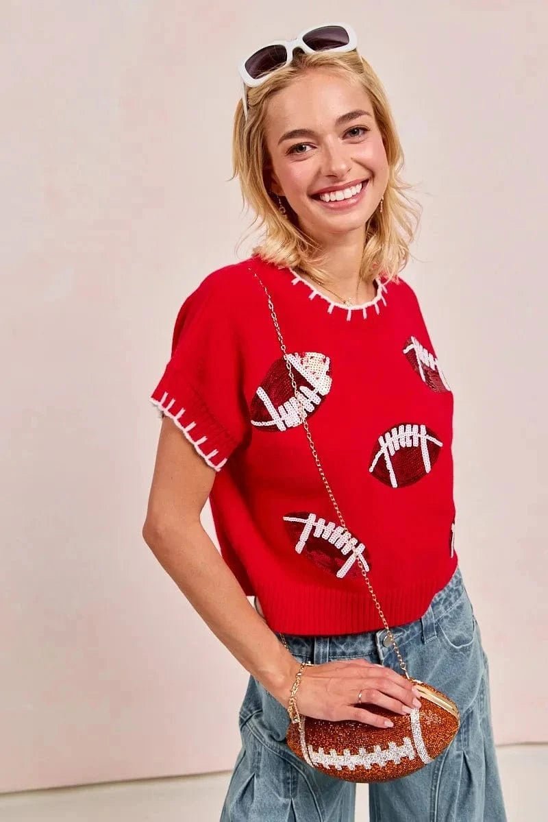 BiBi Gameday Sequin Football Embroidered Stitch Sweater - RED/RED/WHITE by Trendsi from FREYA’S CLOSET