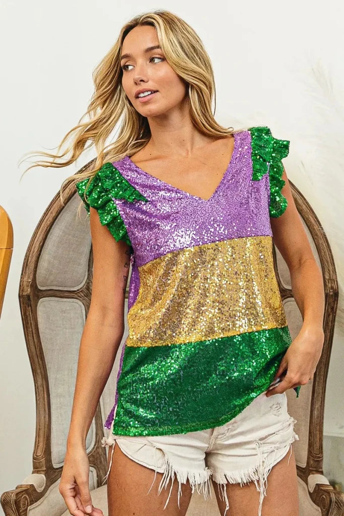 BiBi Mardi Gras Sequin Color Block Ruffled Top - PURPLE/MUSTARD/GREEN by Trendsi from FREYA’S CLOSET