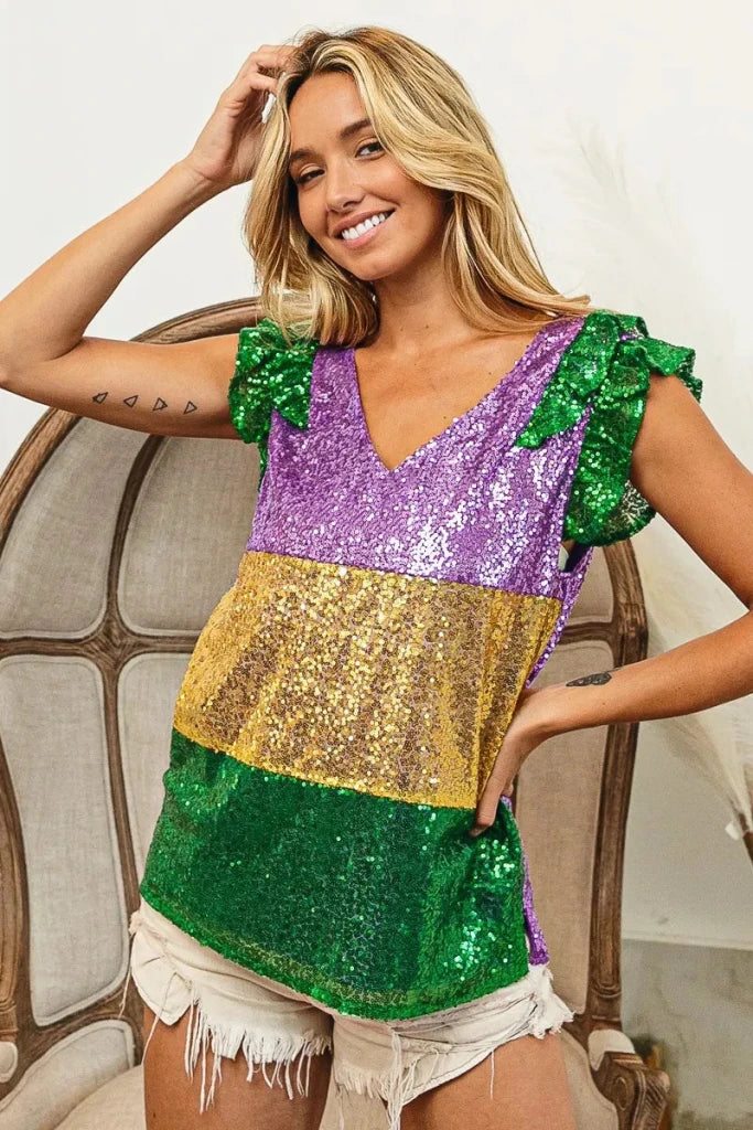 BiBi Mardi Gras Sequin Color Block Ruffled Top - PURPLE/MUSTARD/GREEN by Trendsi from FREYA’S CLOSET