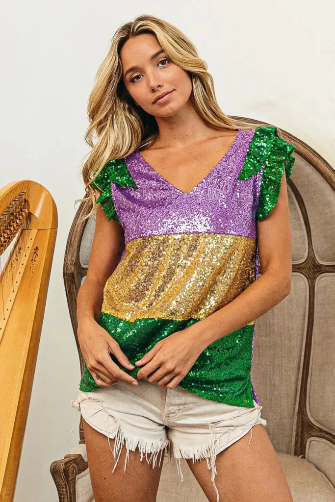 BiBi Mardi Gras Sequin Color Block Ruffled Top - PURPLE/MUSTARD/GREEN by Trendsi from FREYA’S CLOSET