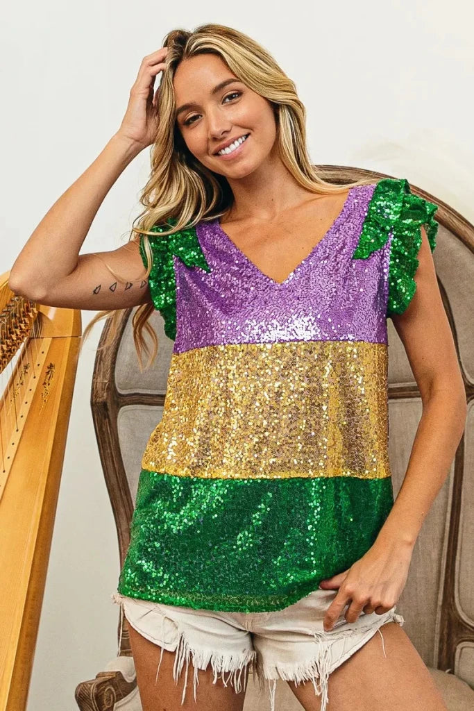 BiBi Mardi Gras Sequin Color Block Ruffled Top - PURPLE/MUSTARD/GREEN by Trendsi from FREYA’S CLOSET