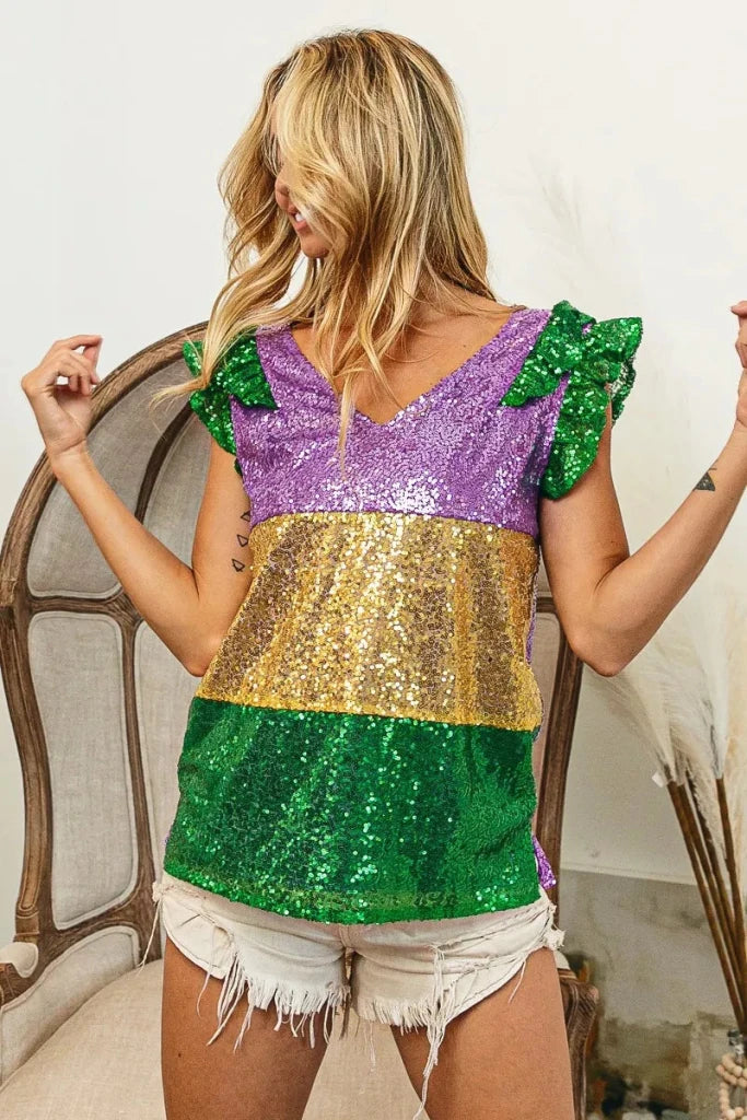 BiBi Mardi Gras Sequin Color Block Ruffled Top - PURPLE/MUSTARD/GREEN by Trendsi from FREYA’S CLOSET