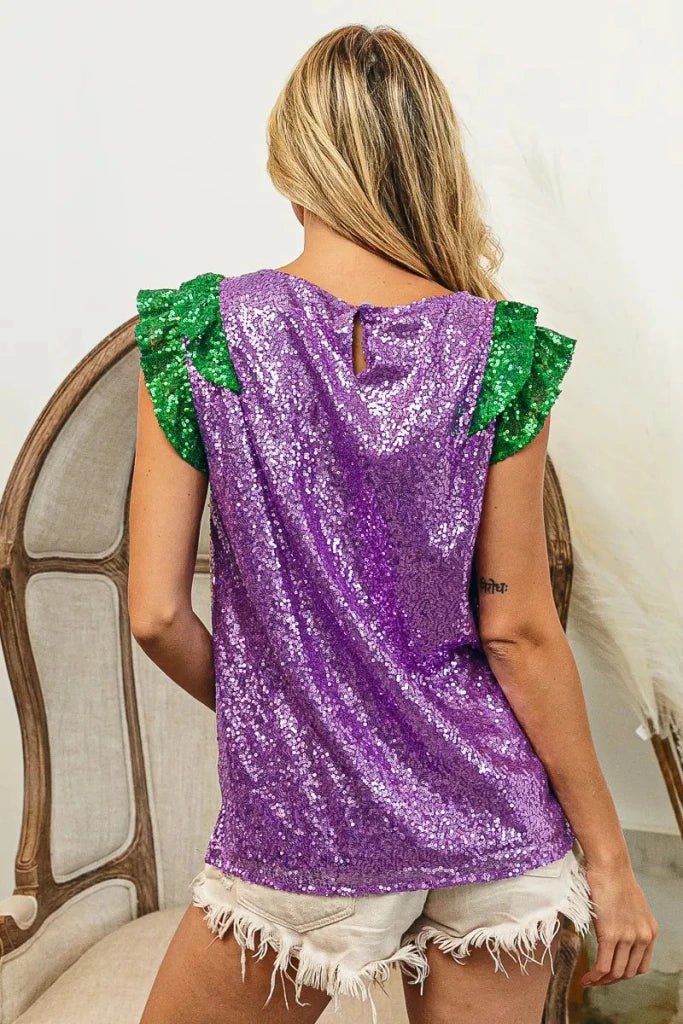 BiBi Mardi Gras Sequin Color Block Ruffled Top - PURPLE/MUSTARD/GREEN by Trendsi from FREYA’S CLOSET