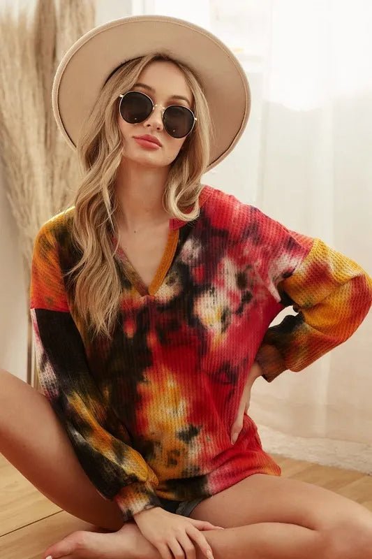 BiBi Tie Dye Brushed Waffle Top With Bubble Sleeves - FUCHSIA/ORANGE/BLACK by Trendsi from FREYA’S CLOSET