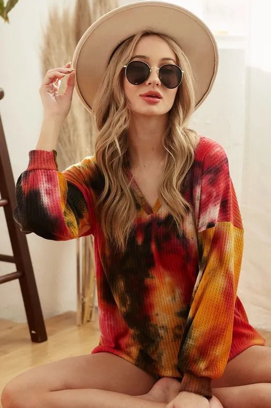 BiBi Tie Dye Brushed Waffle Top With Bubble Sleeves - FUCHSIA/ORANGE/BLACK by Trendsi from FREYA’S CLOSET