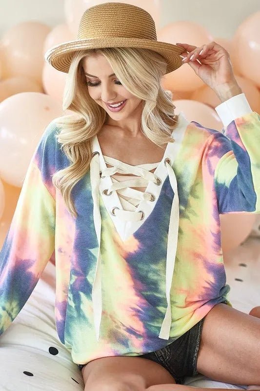 BiBi Tie Dye Deep V - Neck Top with Lace Up Front - CHARCOAL TIEDYE by Trendsi from FREYA’S CLOSET