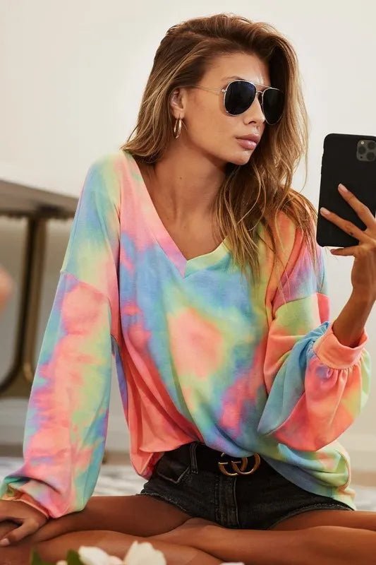 BiBi Tie Dye French Terry V Neck Top - PASTEL TIEDYE by Trendsi from FREYA’S CLOSET