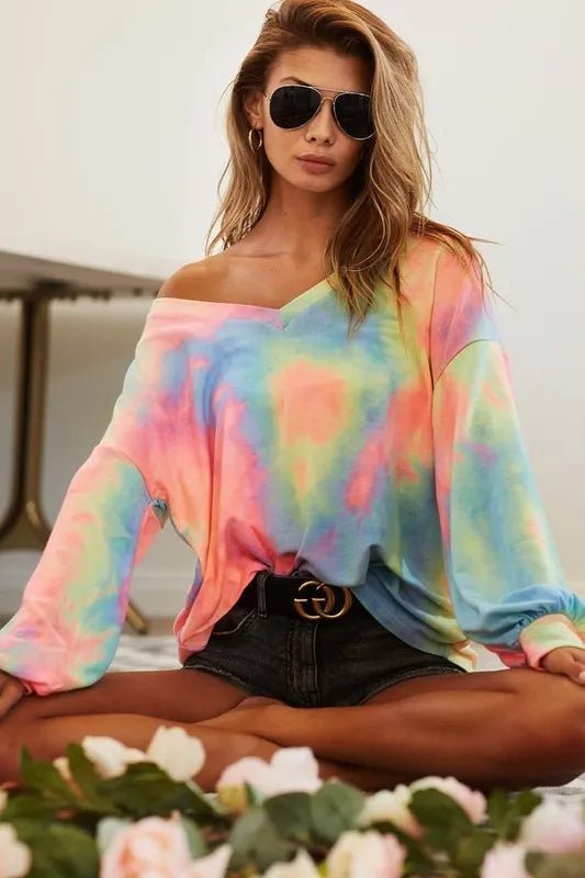 BiBi Tie Dye French Terry V Neck Top - PASTEL TIEDYE by Trendsi from FREYA’S CLOSET