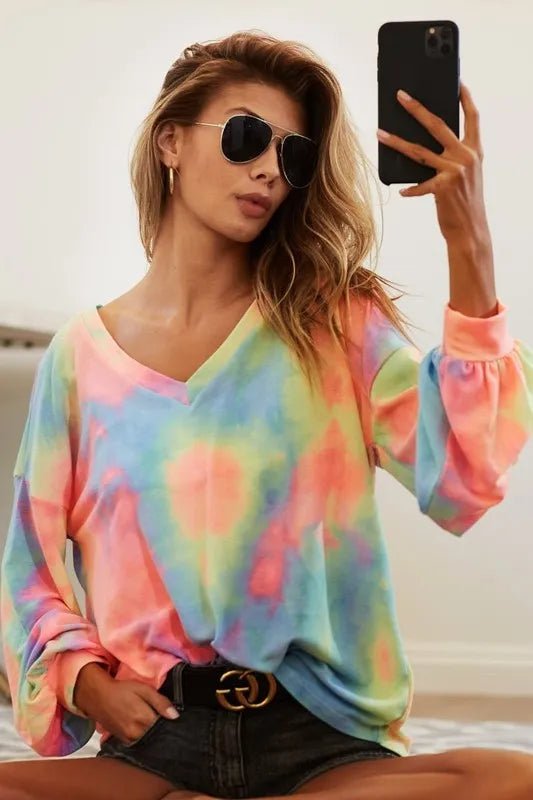 BiBi Tie Dye French Terry V Neck Top - PASTEL TIEDYE by Trendsi from FREYA’S CLOSET
