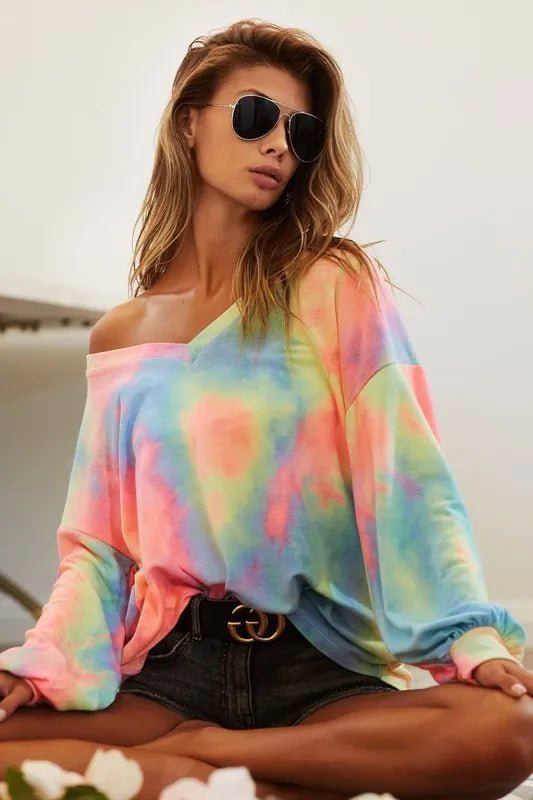 BiBi Tie Dye French Terry V Neck Top - PASTEL TIEDYE by Trendsi from FREYA’S CLOSET