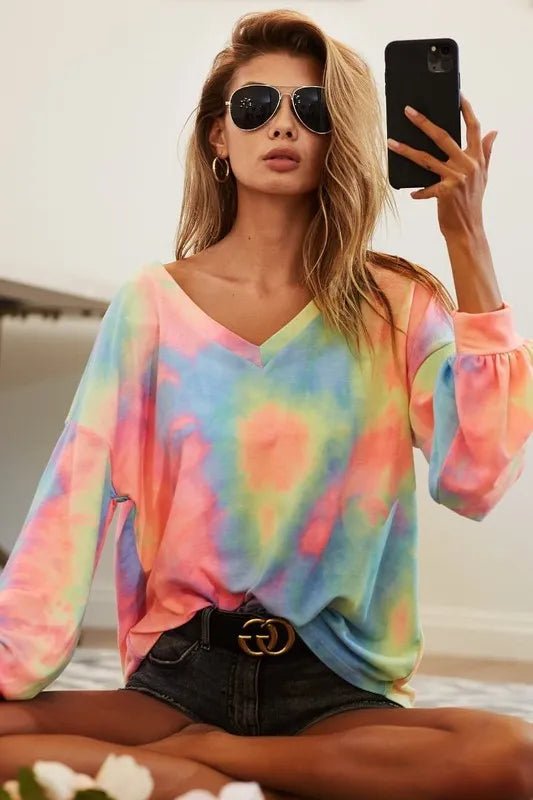 BiBi Tie Dye French Terry V Neck Top - PASTEL TIEDYE by Trendsi from FREYA’S CLOSET