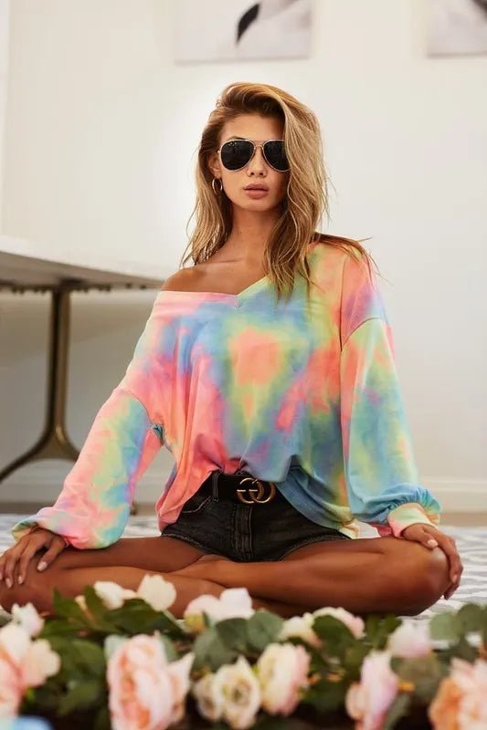 BiBi Tie Dye French Terry V Neck Top - PASTEL TIEDYE by Trendsi from FREYA’S CLOSET
