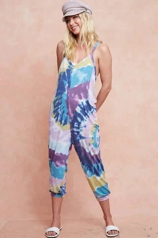 BiBi Tie Dye Knit Mid - length Casual Jumpsuit - LAVENDER/BLUE by Trendsi from FREYA’S CLOSET