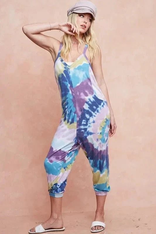 BiBi Tie Dye Knit Mid - length Casual Jumpsuit - LAVENDER/BLUE by Trendsi from FREYA’S CLOSET