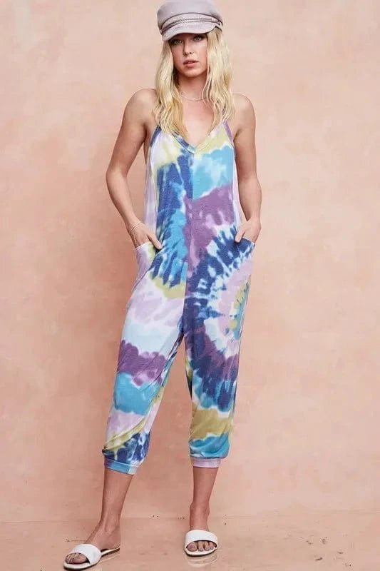 BiBi Tie Dye Knit Mid - length Casual Jumpsuit - LAVENDER/BLUE by Trendsi from FREYA’S CLOSET