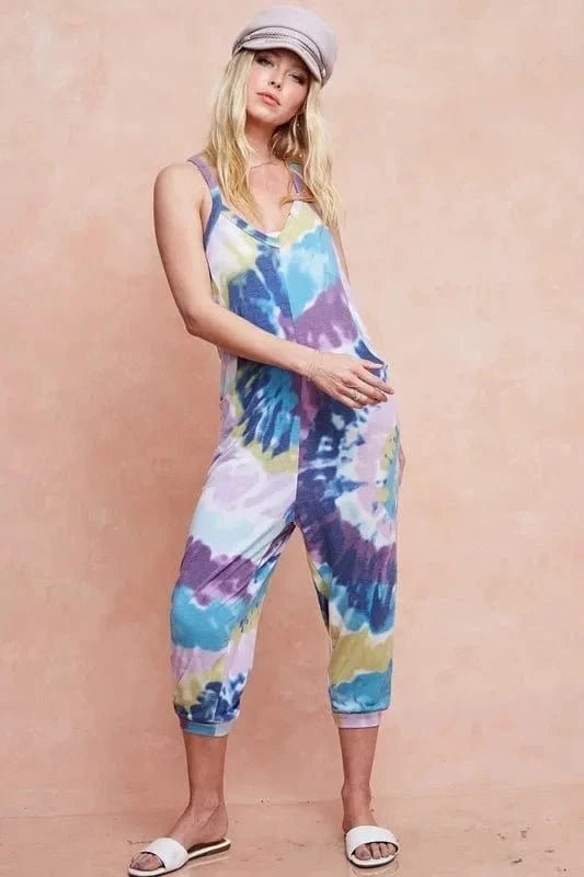 BiBi Tie Dye Knit Mid - length Casual Jumpsuit - LAVENDER/BLUE by Trendsi from FREYA’S CLOSET